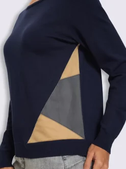 Pull encolure ronde empiècements en imitation cuir