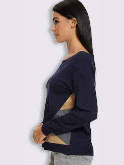 Pull encolure ronde empiècements en imitation cuir