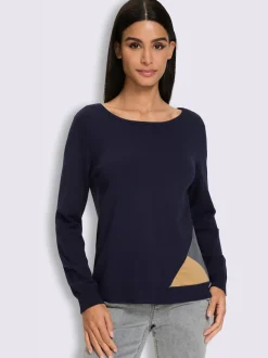 Pull encolure ronde empiècements en imitation cuir
