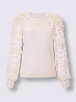 Pull encolure ronde en lyocell et viscose avec dentelle florale aux manches