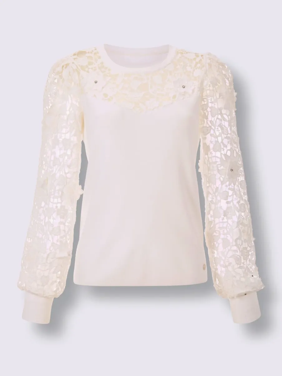 Pull encolure ronde en lyocell et viscose avec dentelle florale aux manches