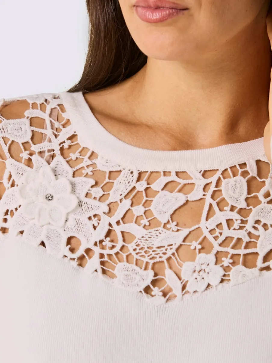 Pull encolure ronde en lyocell et viscose avec dentelle florale aux manches