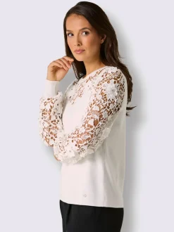 Pull encolure ronde en lyocell et viscose avec dentelle florale aux manches
