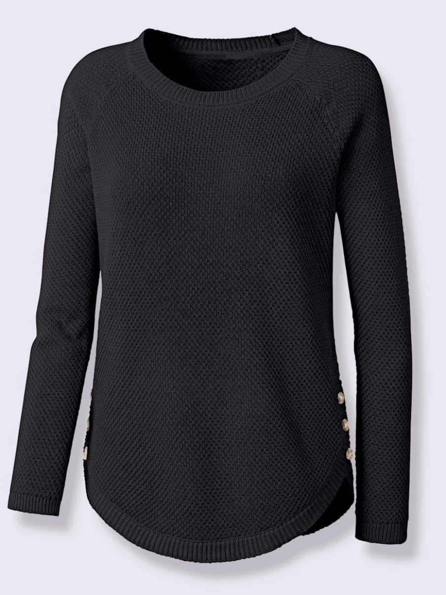 Pull encolure ronde à manches longues avec boutons décoratifs et finitions côtelées