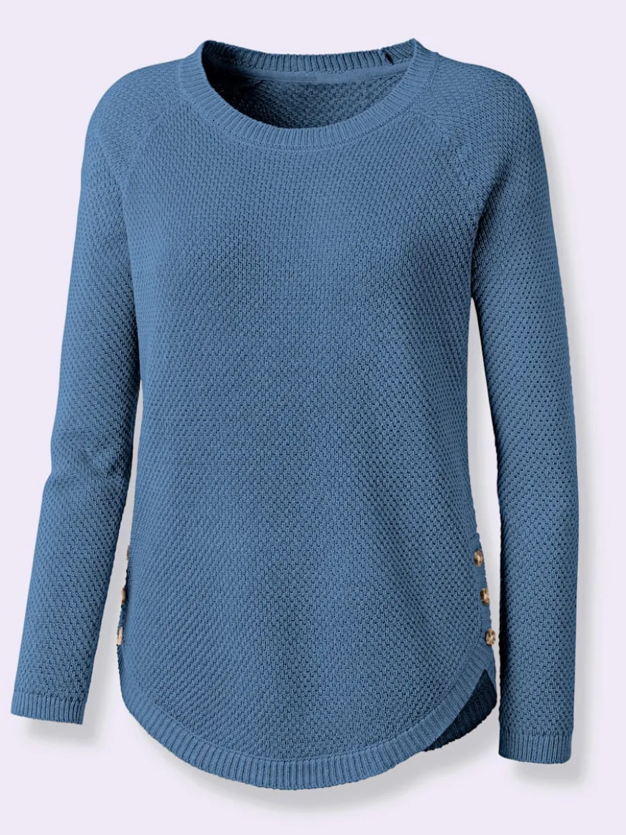 Pull encolure ronde à manches longues avec boutons décoratifs et finitions côtelées