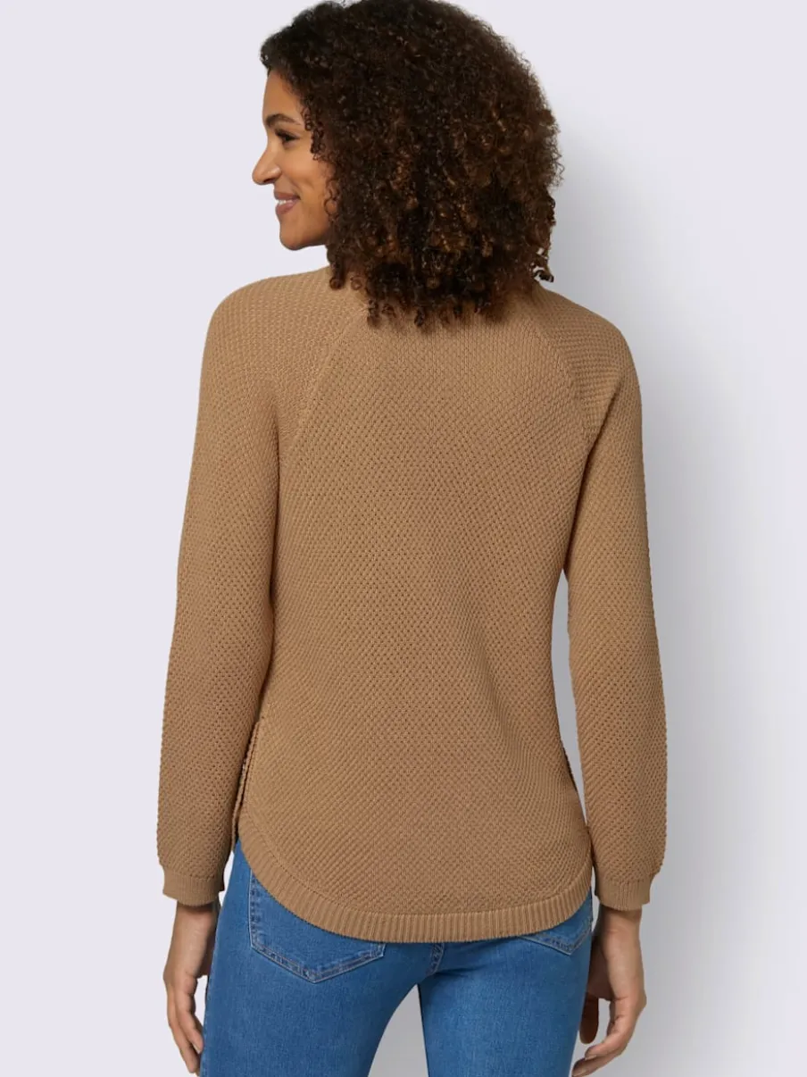 Pull encolure ronde à manches longues avec boutons décoratifs et finitions côtelées