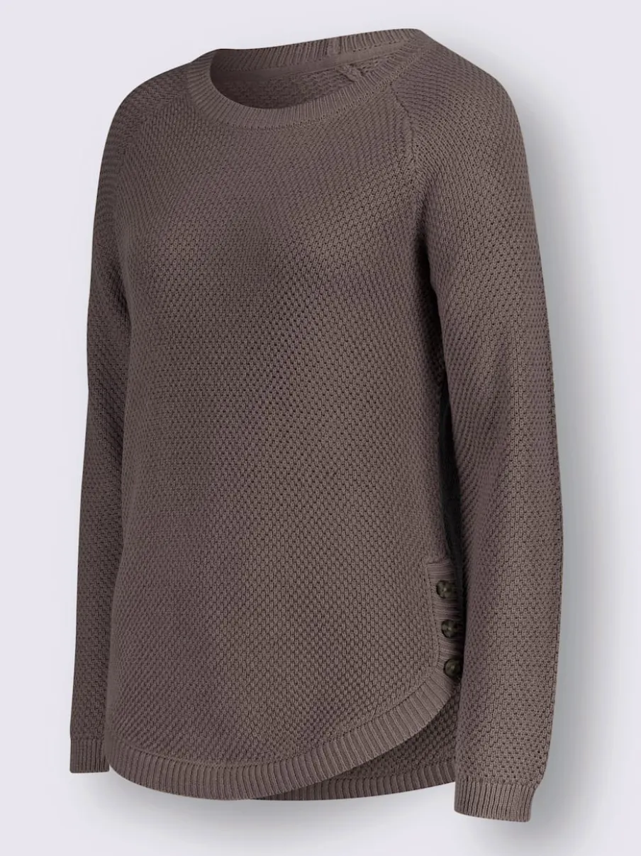 Pull encolure ronde à manches longues avec boutons décoratifs et finitions côtelées