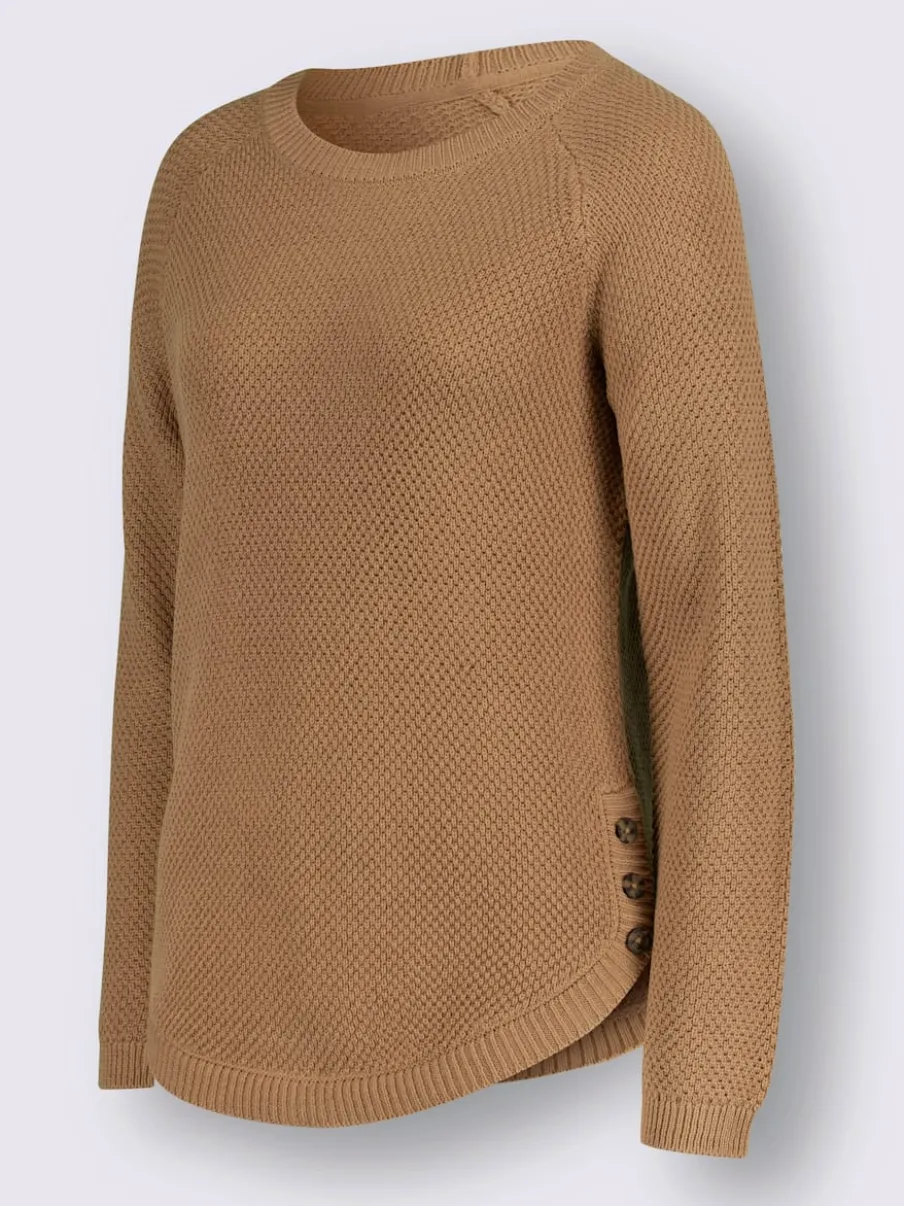 Pull encolure ronde à manches longues avec boutons décoratifs et finitions côtelées