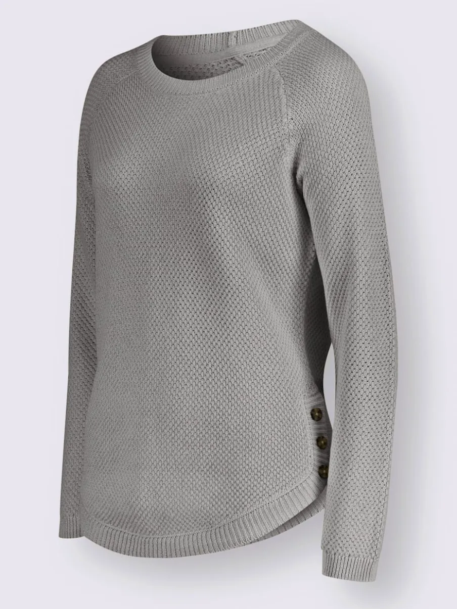 Pull encolure ronde à manches longues avec boutons décoratifs et finitions côtelées