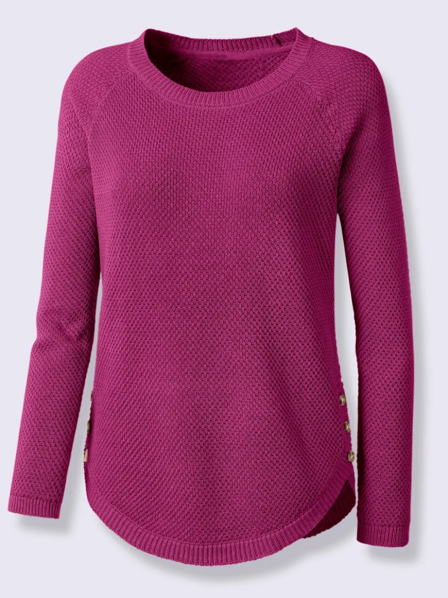 Pull encolure ronde à manches longues avec boutons décoratifs et finitions côtelées