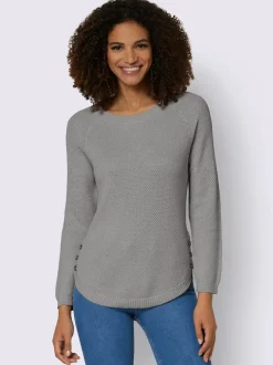 Pull encolure ronde à manches longues avec boutons décoratifs et finitions côtelées