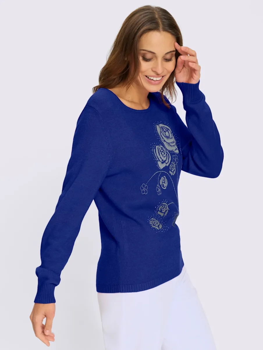 Pull encolure ronde motifs floraux et pierres brillantes