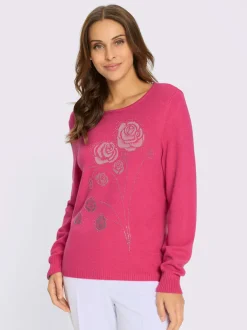 Pull encolure ronde motifs floraux et pierres brillantes
