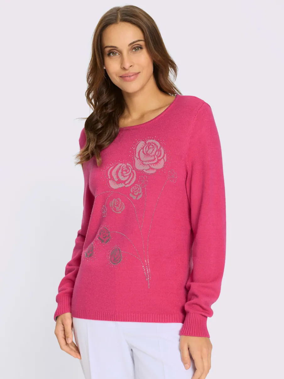 Pull encolure ronde motifs floraux et pierres brillantes