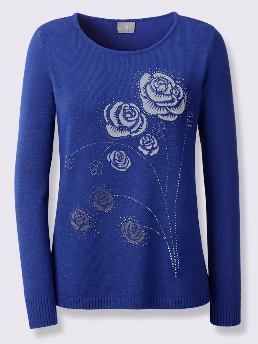 Pull encolure ronde motifs floraux et pierres brillantes