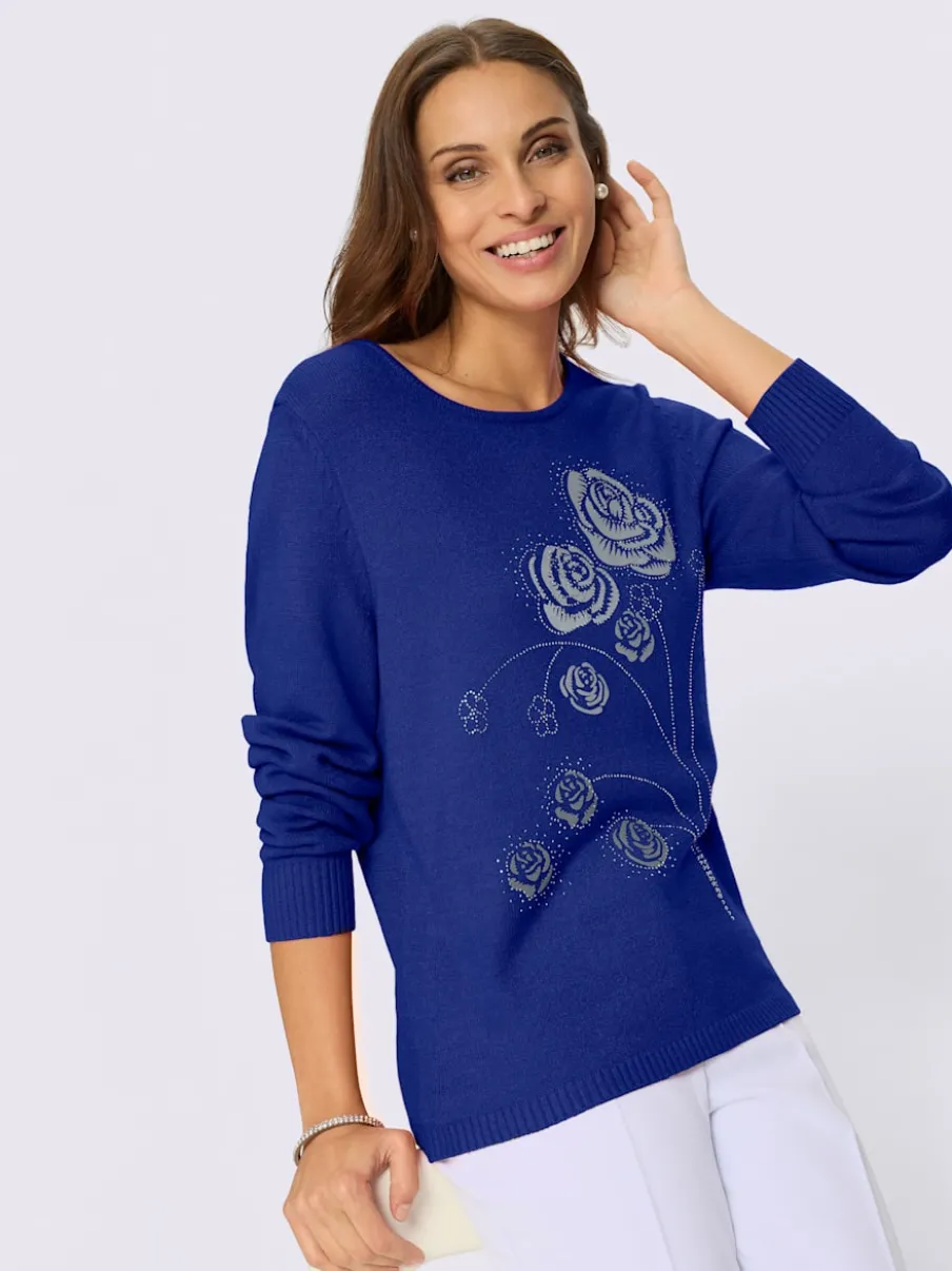 Pull encolure ronde motifs floraux et pierres brillantes