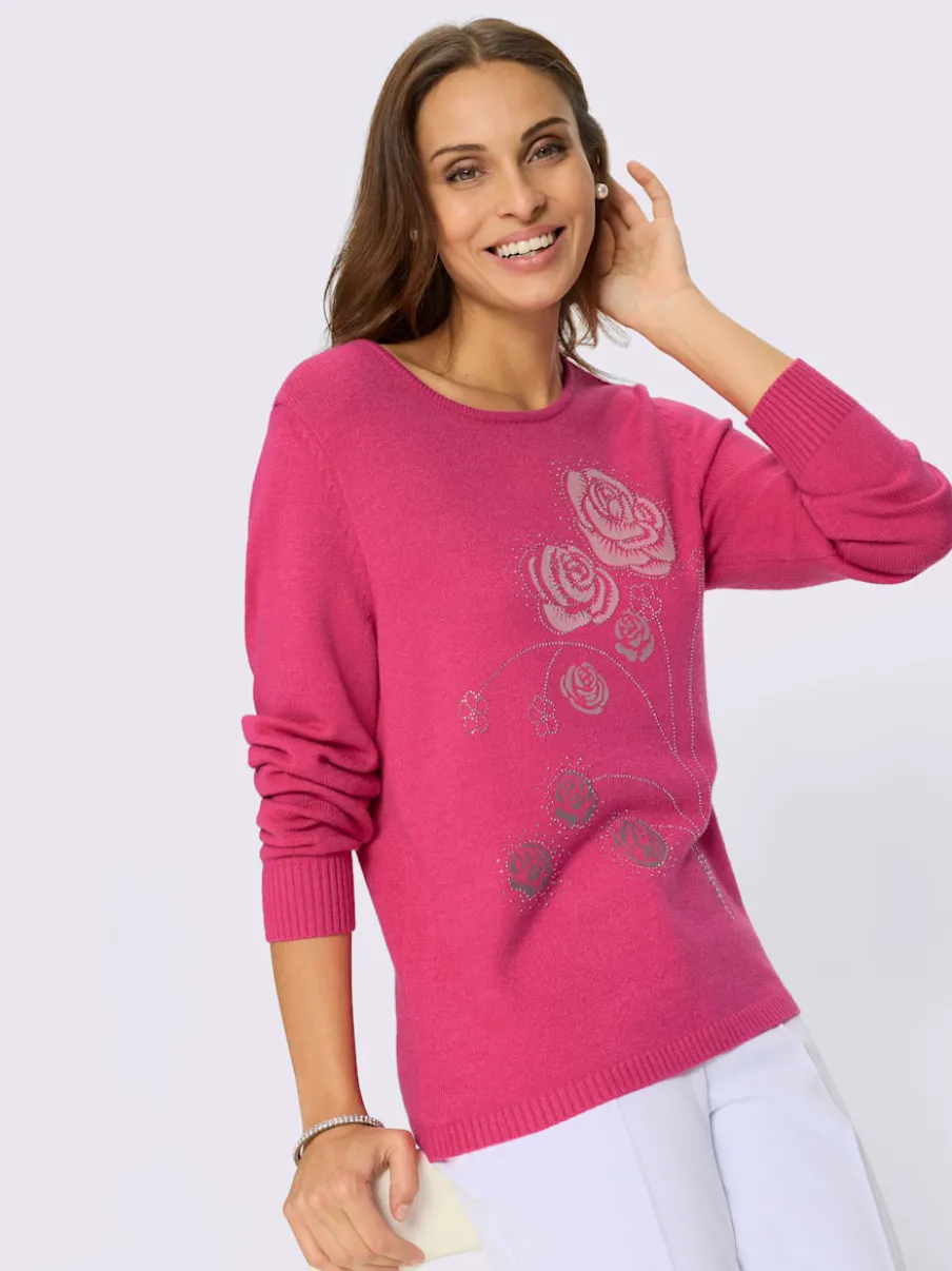 Pull encolure ronde motifs floraux et pierres brillantes