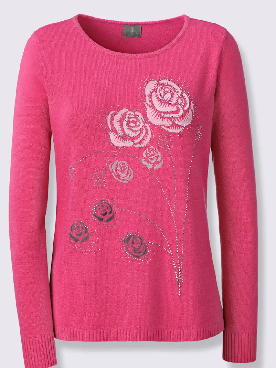 Pull encolure ronde motifs floraux et pierres brillantes