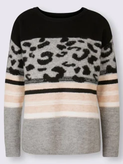 Pull encolure ronde motifs léopard et rayures doux