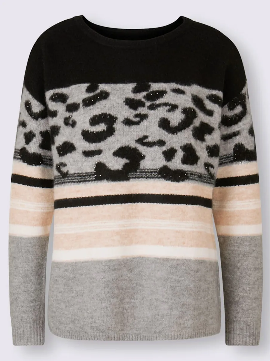 Pull encolure ronde motifs léopard et rayures doux