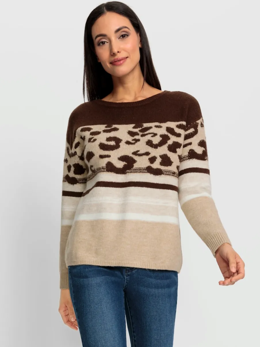Pull encolure ronde motifs léopard et rayures doux