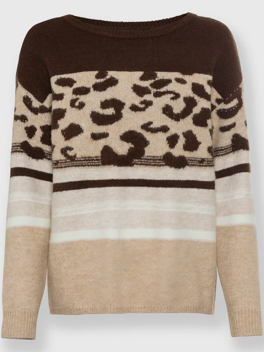 Pull encolure ronde motifs léopard et rayures doux
