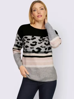 Pull encolure ronde motifs léopard et rayures doux