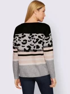 Pull encolure ronde motifs léopard et rayures doux
