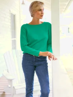 Pull en coton à encolure U manches longues bords roulés