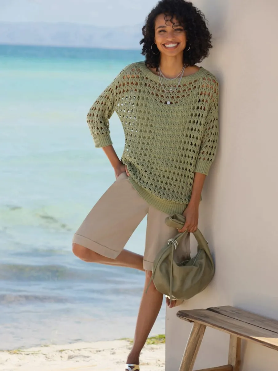 Pull 2 en 1 en tricot ajouré à encolure en U avec manches 3/4 et débardeur inclus