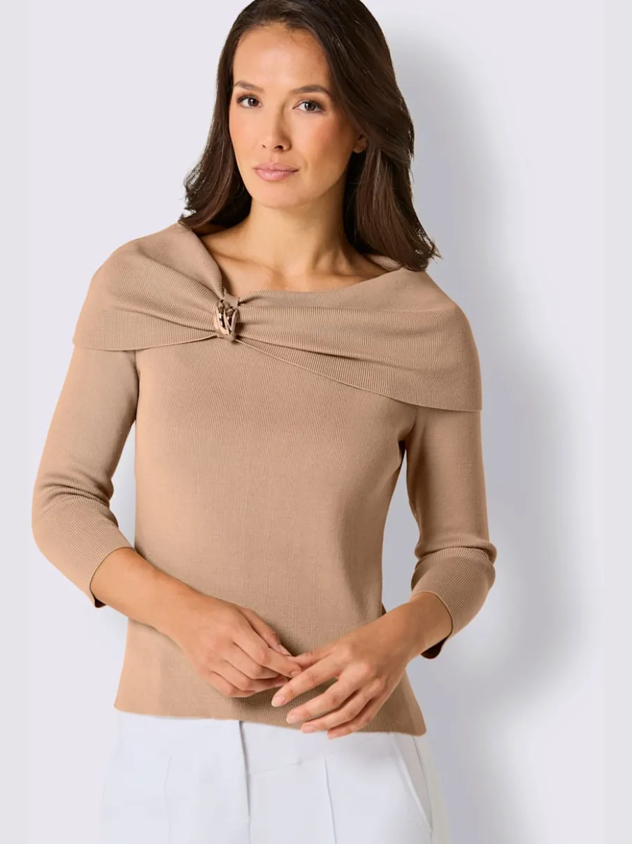 Pull en mélange de soie à encolure Carmen et manches 3/4