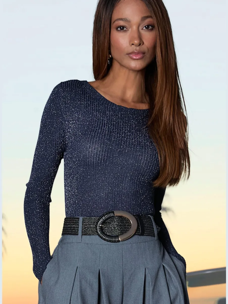 Pull en tricot brillant à encolure ronde avec manches longues