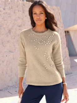 Pull en tricot à col rond avec perles fantaisie et mancherons discrets