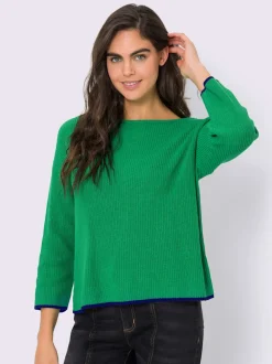 Pull en tricot côtelé à encolure U et manches trois quarts