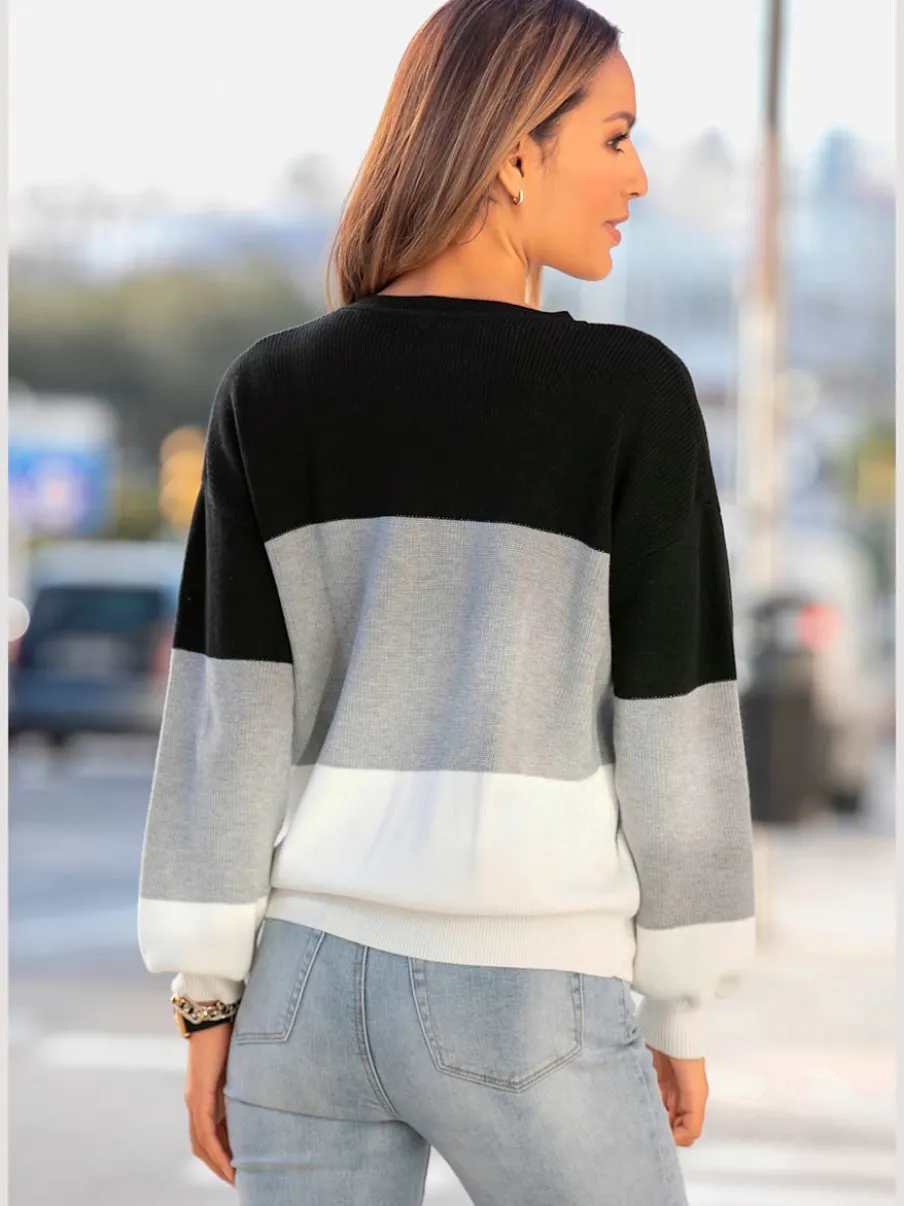 Pull en tricot à encolure ronde avec mancherons et bords-côtes
