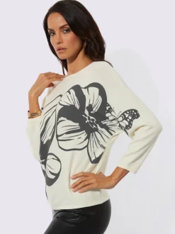 Pull en tricot fin avec col U et manches chauve-souris à motif floral