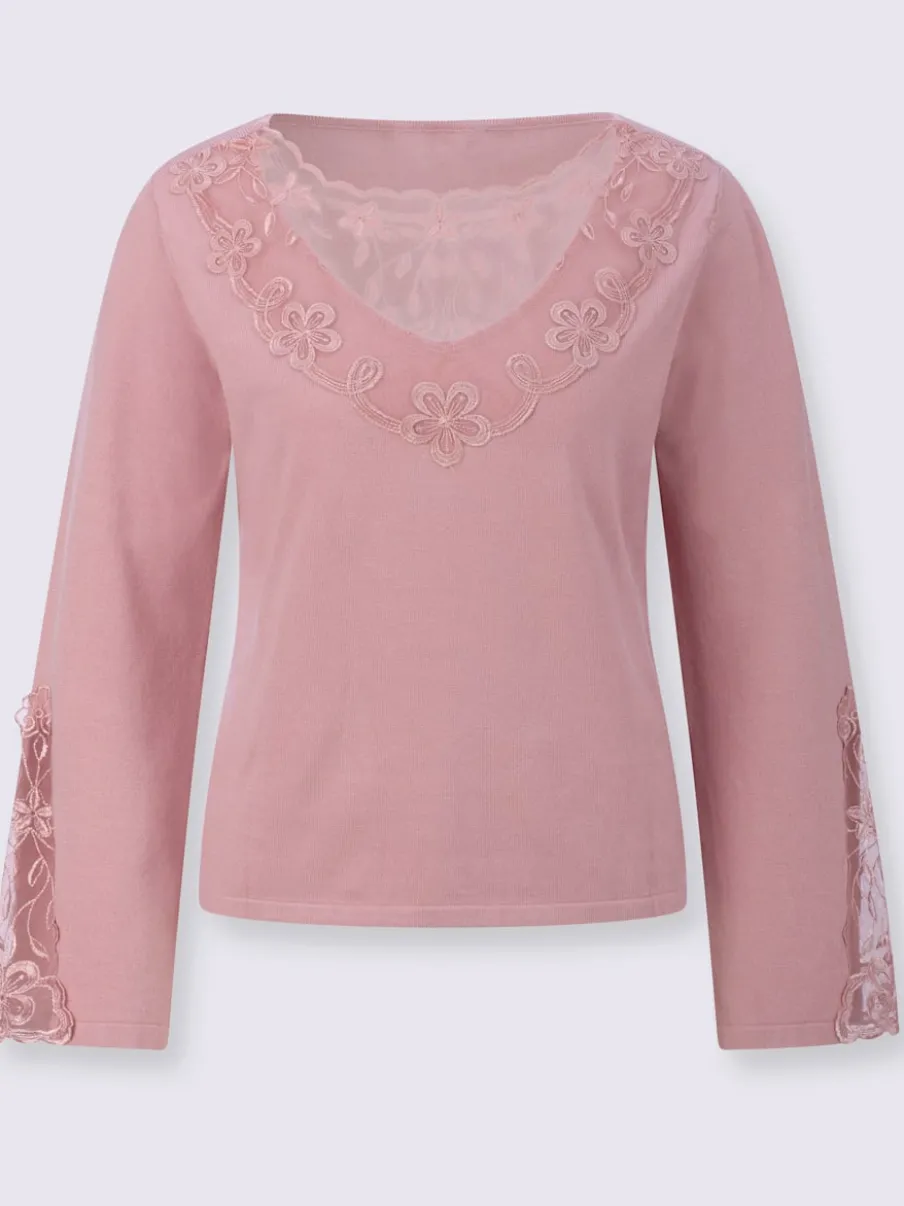 Pull en tricot fin avec encolure V et manches évasées ornées de dentelle