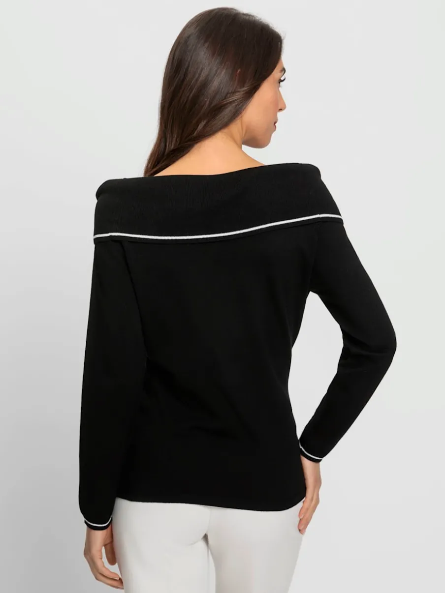 Pull en tricot fin avec encolure carmen dénudée manches longues rayures contrastées