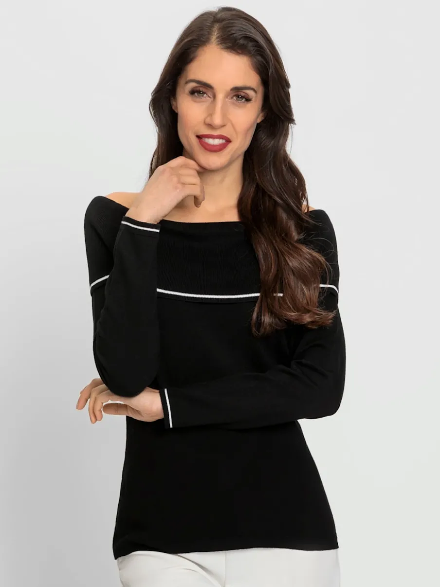 Pull en tricot fin avec encolure carmen dénudée manches longues rayures contrastées