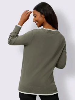 Pull en tricot fin à encolure ronde avec bords-côtes et rayures sportifs