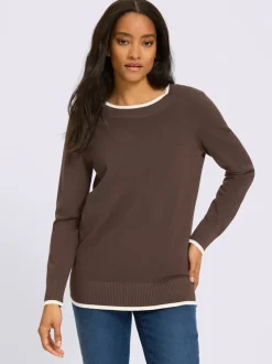 Pull en tricot fin à encolure ronde avec bords-côtes et rayures sportifs