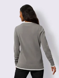 Pull en tricot fin à encolure ronde avec bords-côtes et rayures sportifs