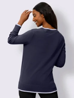Pull en tricot fin à encolure ronde avec bords-côtes et rayures sportifs