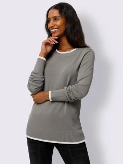 Pull en tricot fin à encolure ronde avec bords-côtes et rayures sportifs