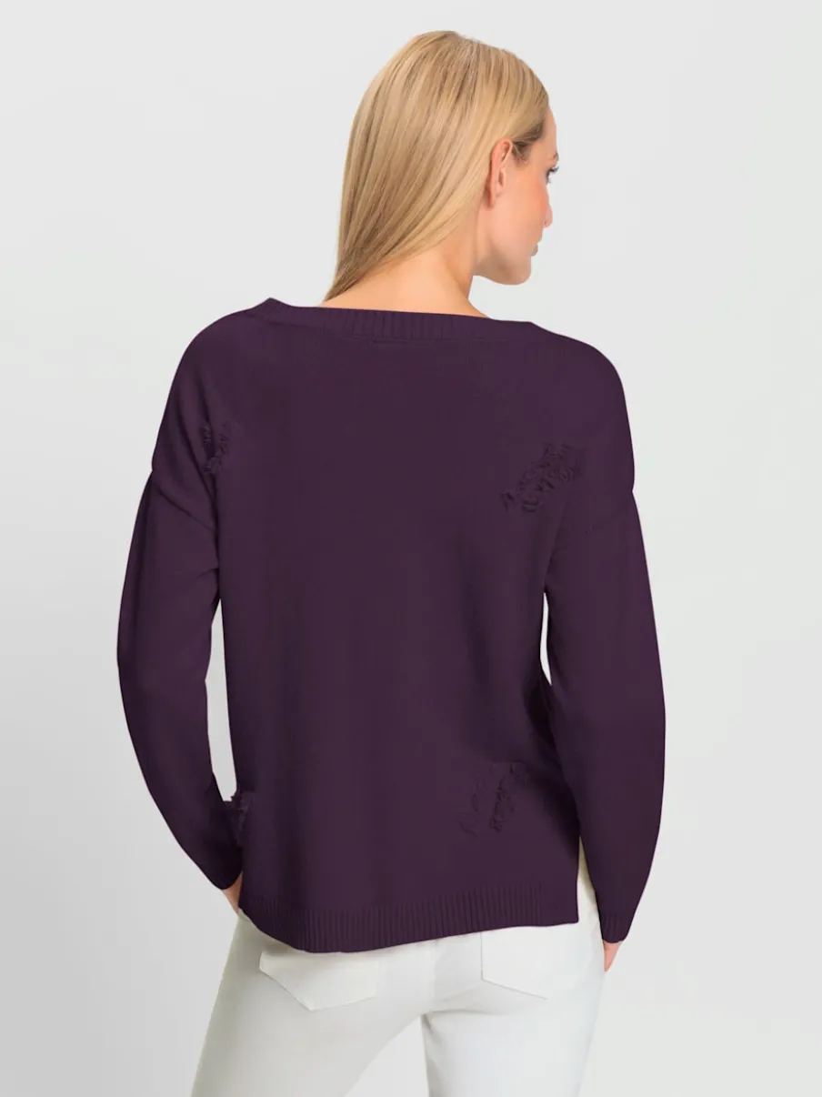 Pull en tricot fin à franges avec encolure ronde et manches longues