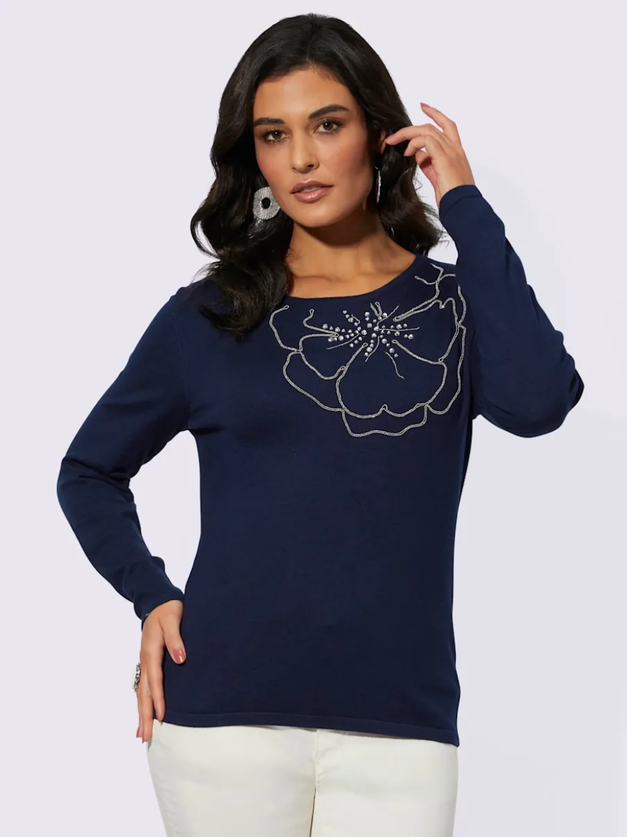 Pull en tricot fin manches longues motif floral ajusté