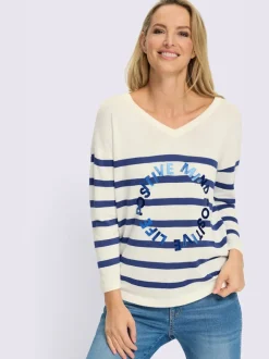 Pull en tricot fin à rayures avec col en V et manches 3/4
