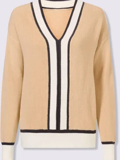 Pull en V en coton avec rayures contrastées et pierres brillantes