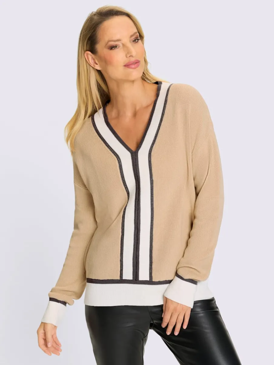 Pull en V en coton avec rayures contrastées et pierres brillantes