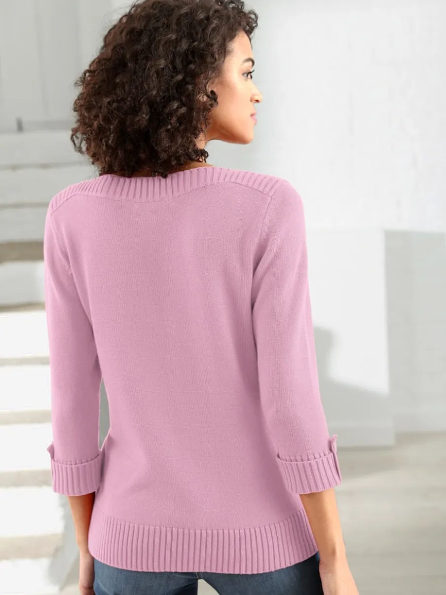 Pull femme col en U manches 3/4 avec boutons